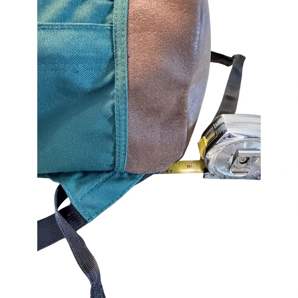 Vintage Eddie Bauer Green Nylon Canvas Backpack Leather Bottom Daypack Bag
